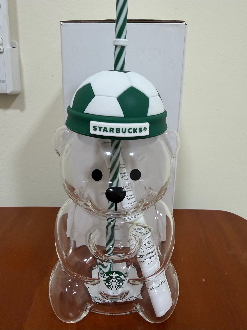 NWT Starbucks 2026 LATAM Bearista Glass Tumbler With Soccer Ball Lid/Hat